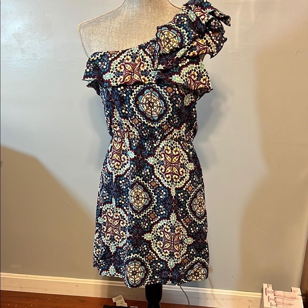 Xhilaration Blue and White Asymmetrical Ruffled Sundress